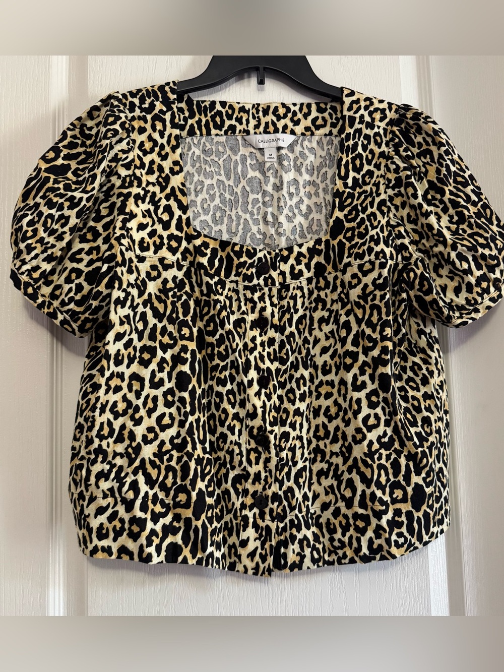 Calligraphy Leopard Print Square-Neck Puff Sleeve Top - Beige/Black